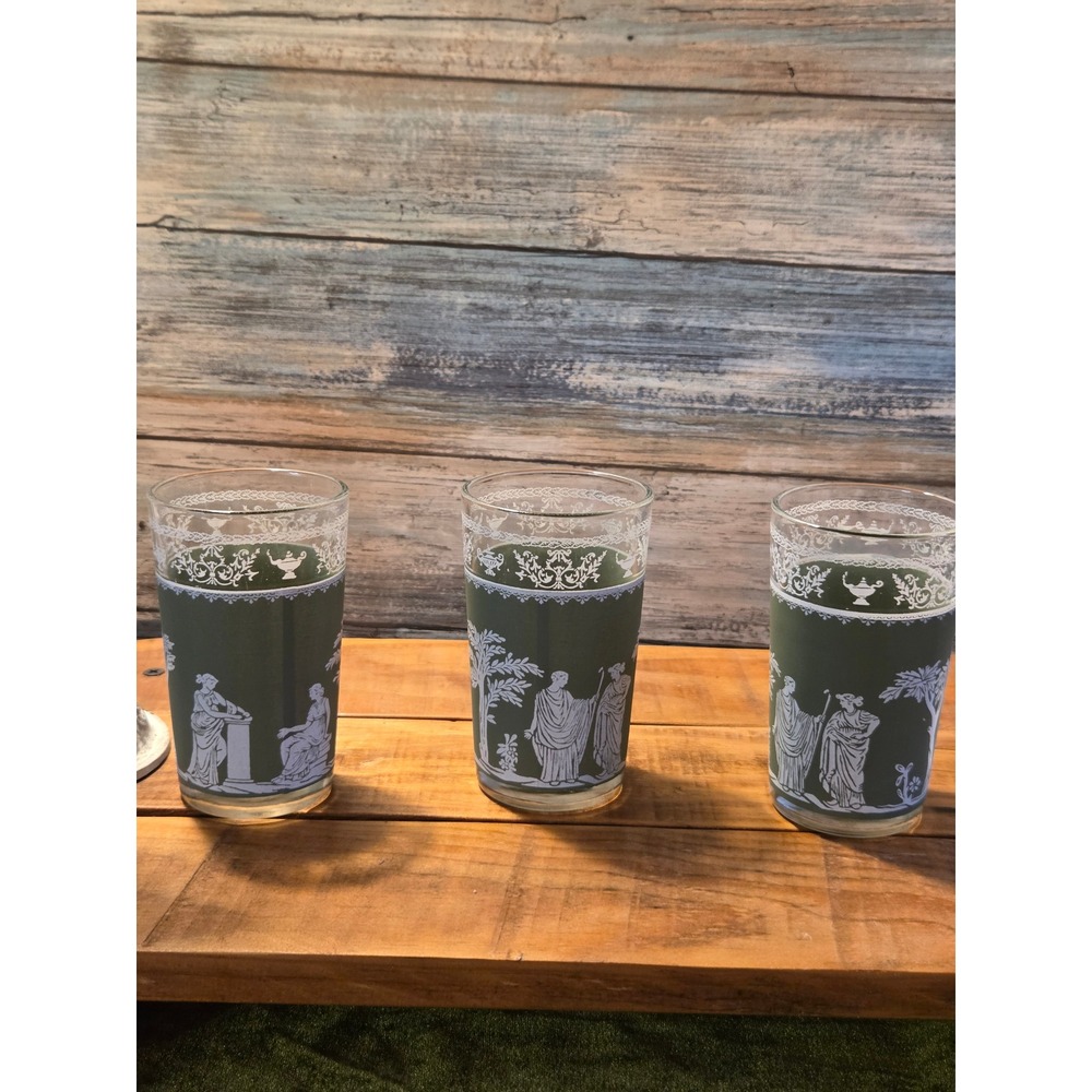 Vintage MCM Wedgewood Greek Hellenic Apollo Green Frosted Tumblers Glassware - Picture 2 of 11
